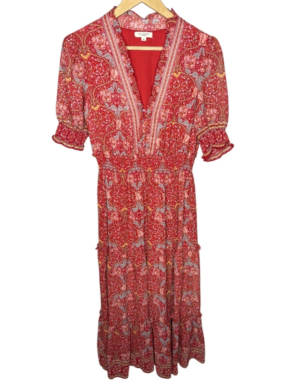 Max Studio London Red Floral Tiered Maxi Dress Boho V-Neck Smocked Waist Size M - Picture 3 of 6